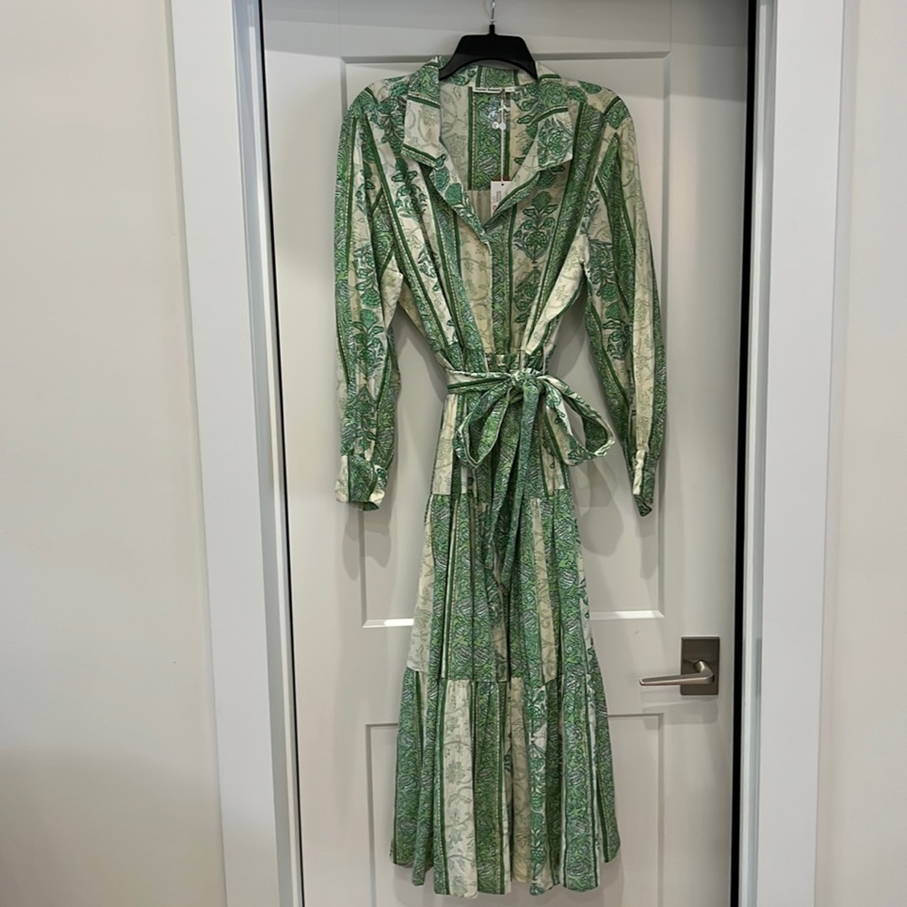 Roller Rabbit Berino Sonora Dress size XL NWT, Green & Ivory, full skirt, sash.